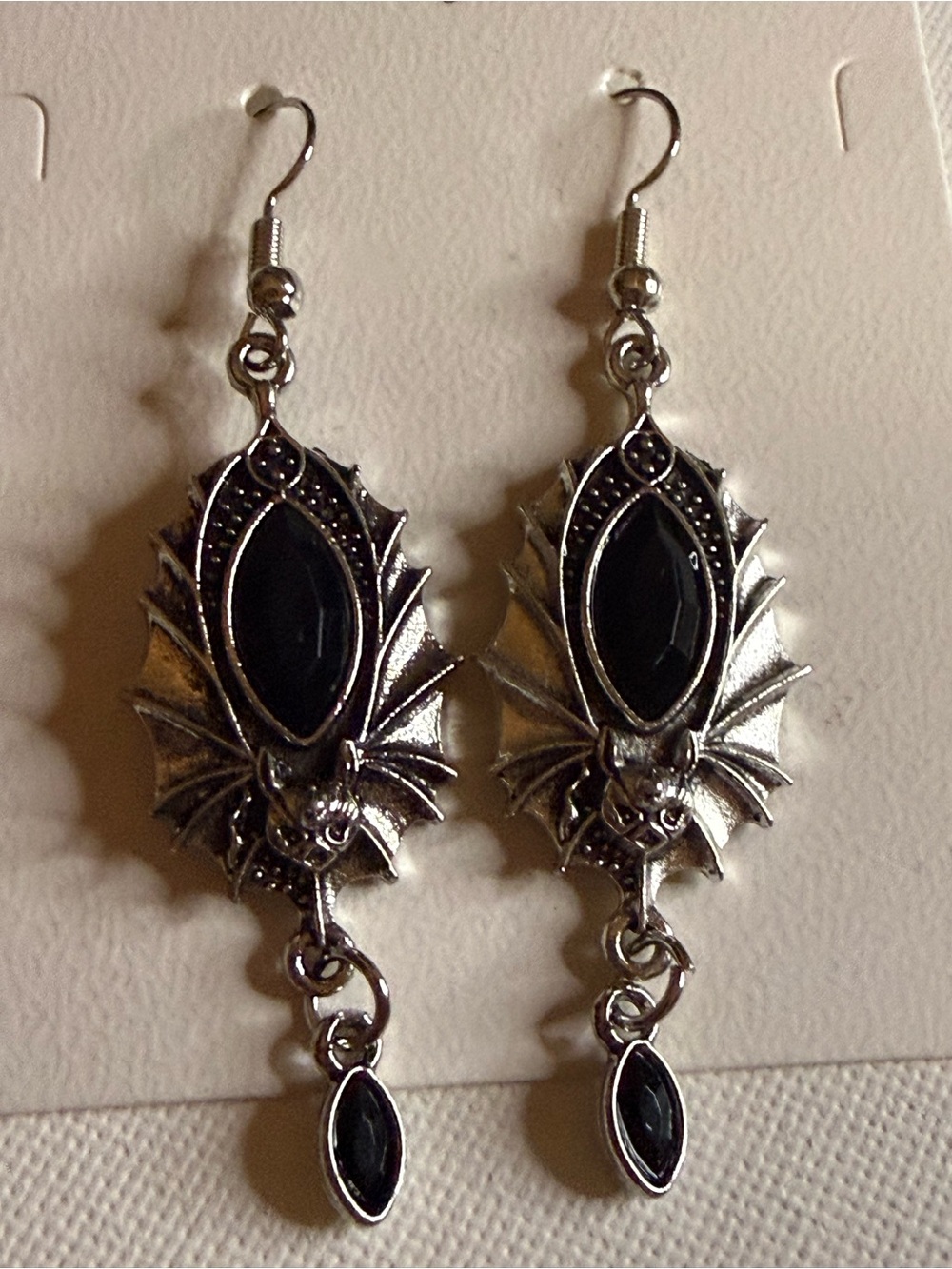 Gothic Bat Drop Earrings with Black Stones